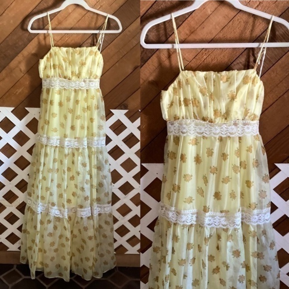 Vintage yellow floral tiered maxi dress
